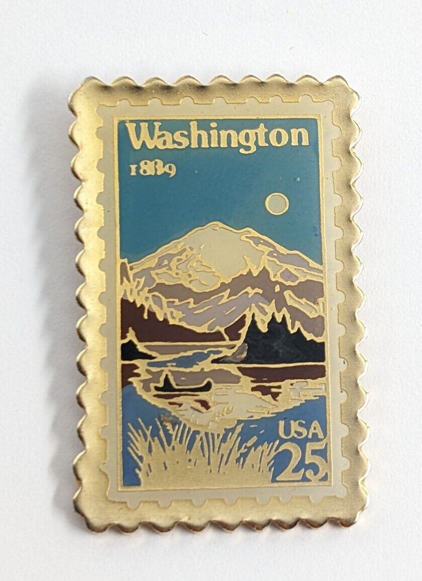 VTG Washington State 1889 USPS 25c Stamp Enamel Lapel Pin JG&A Mountain... 