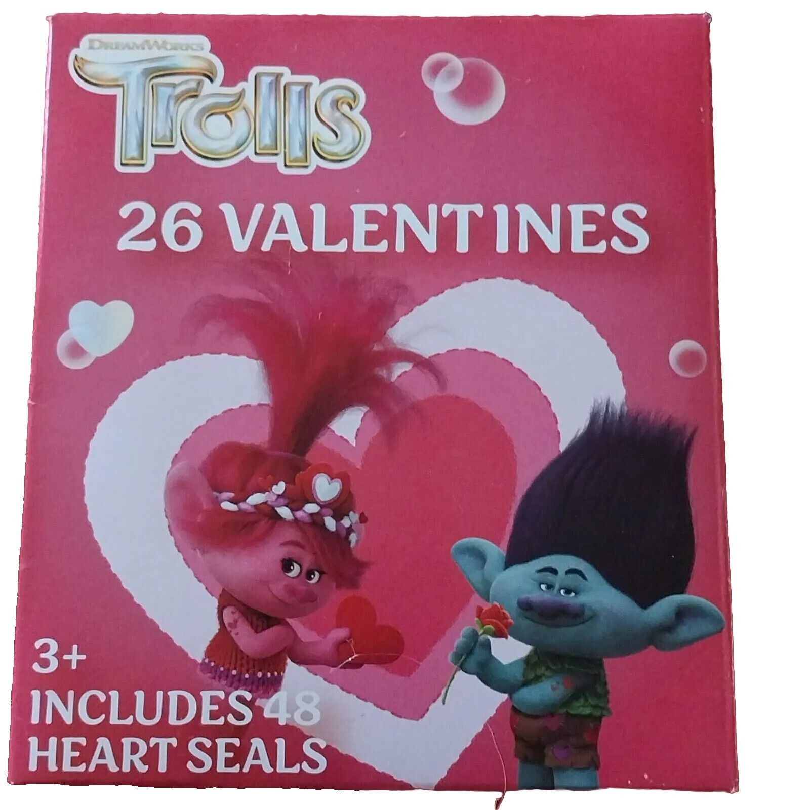 26 Valentine Troll  Cards Dreamworks Disney Girls School Party 48 Heart Seals
