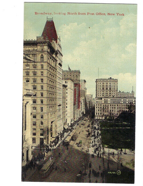 c.1910s Broadway Looking North Post Office New York City NY Street View Postcard