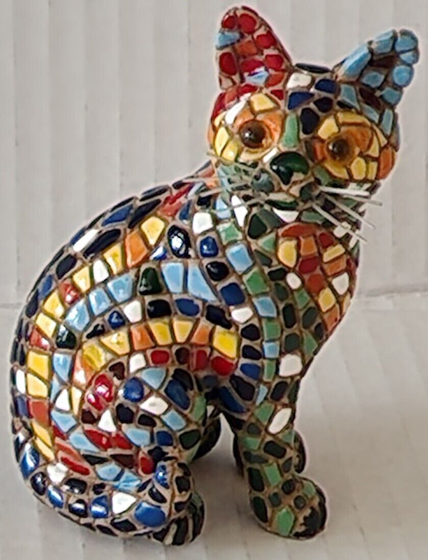 Barcino Carnival Mosaic Cat Sculpture Resin Ceramic Feline 3.5