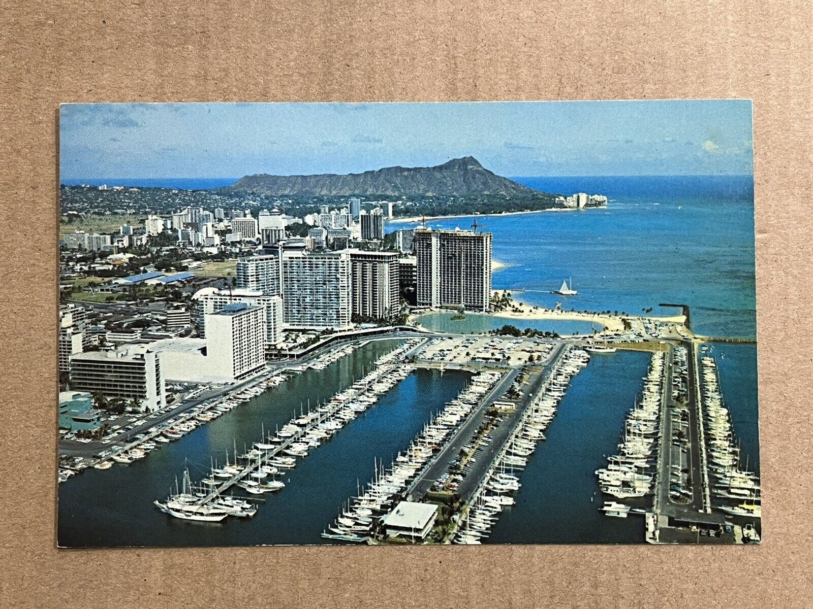 Postcard Hawaii Aerial View Waikiki Ilikai Yacht Harbor Diamond Head Vintage PC