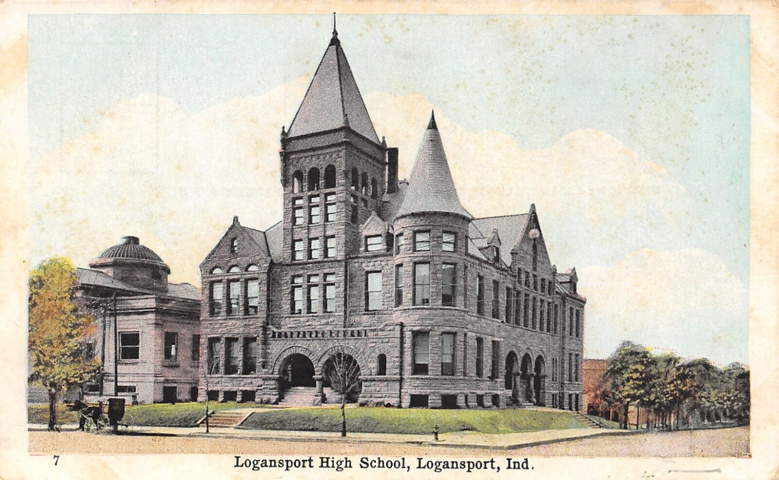 Logansport Indiana~High School Corner~Horse & Buggy~1907 Postcard