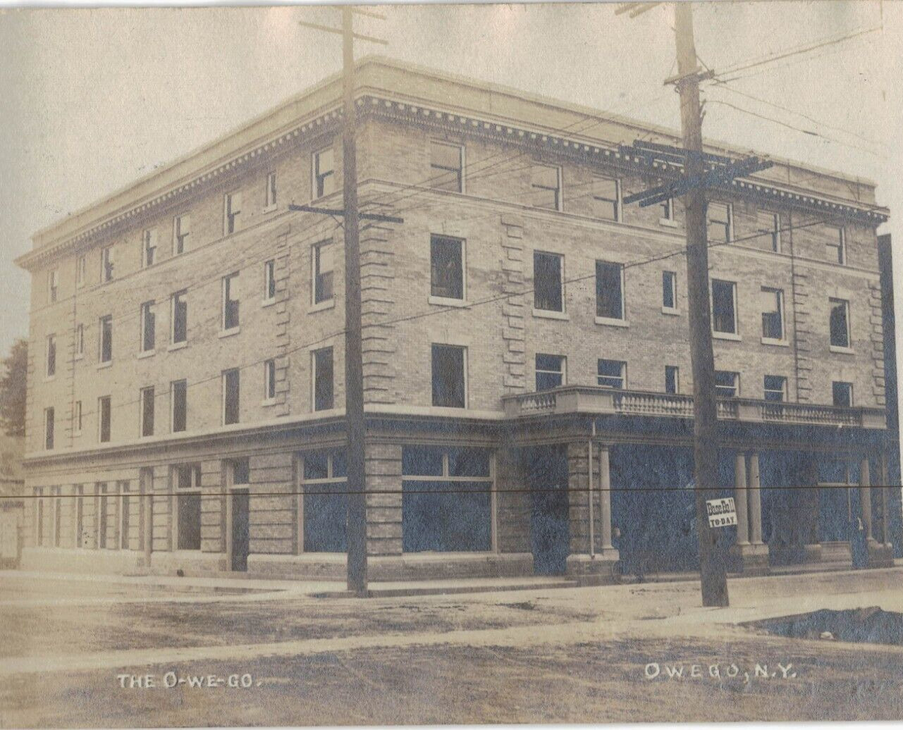 C.1908 RPPC The O-We-Go Building Owego, NY Baseball Sign Real Photo Postcard Vtg
