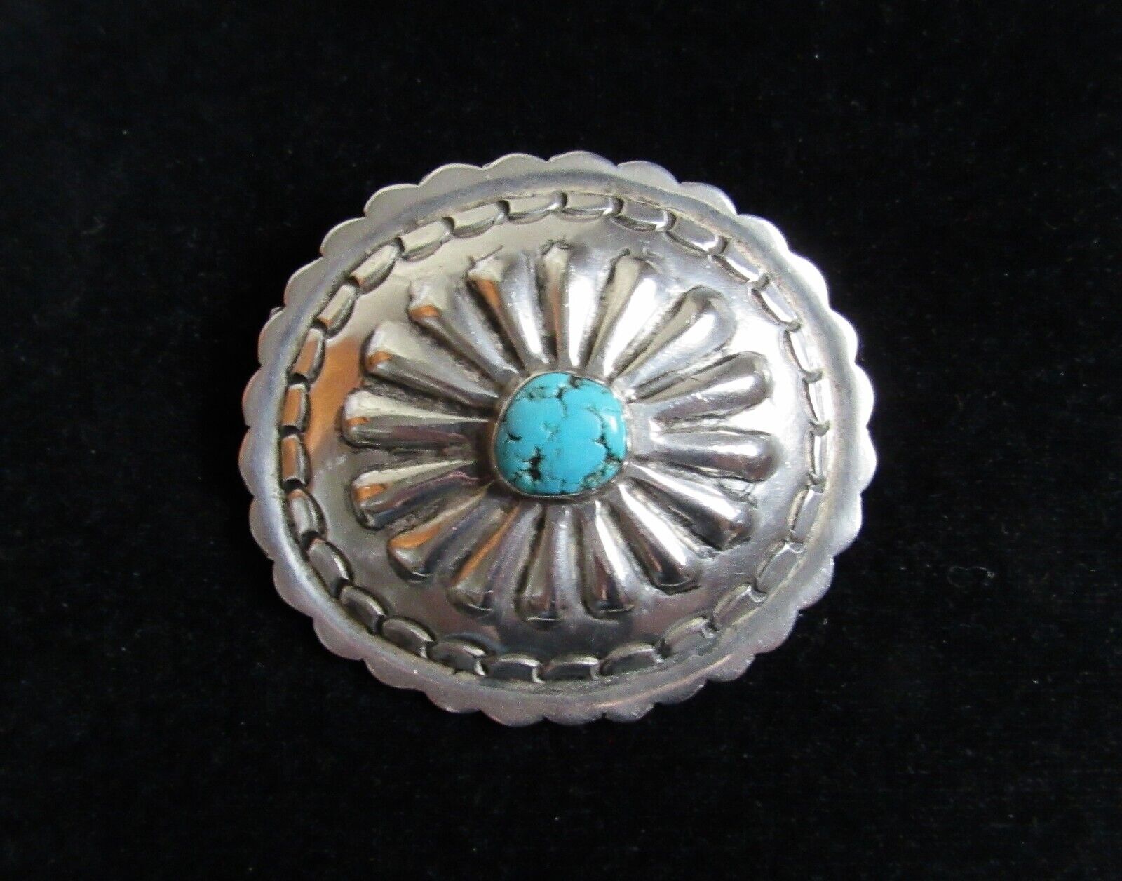 Vintage Navajo Indian Sterling Silver & Bisbee Turquoise Stone Concho Pin Brooch