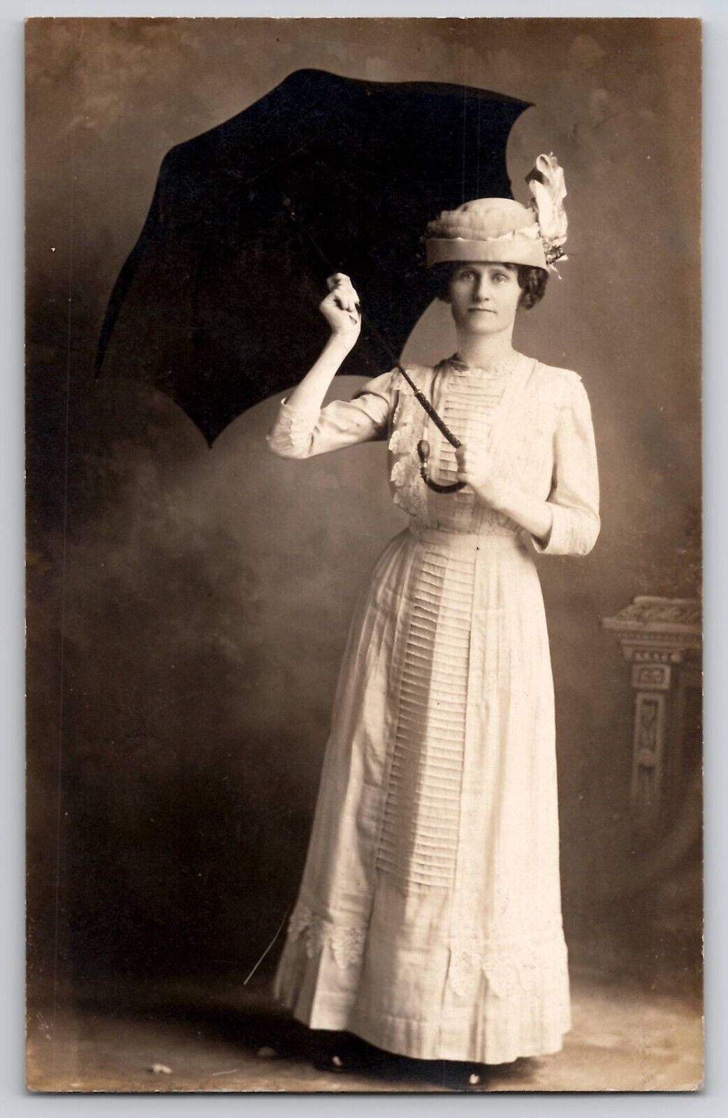 Edwardian Pretty Lady Big Hat Umbrella Studio Real Photo RPPC Vtg Postcard 1910s