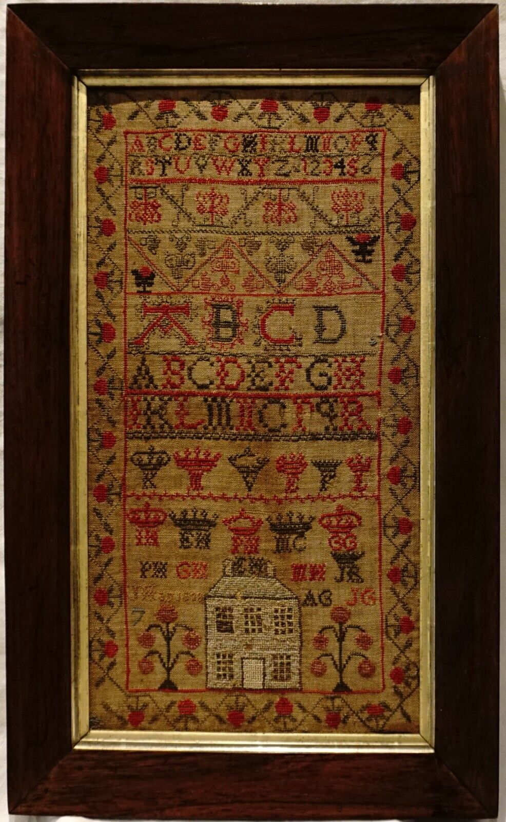 EARLY 19TH CENTURY HOUSE, MOTIF & ALPHABET SAMPLER BY J.HAY - 1838