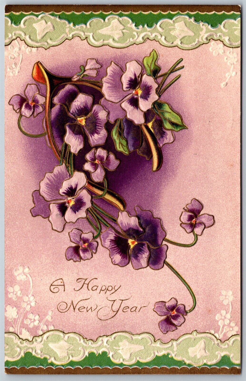 Vtg A Happy New Year Greeting Purple Flowers Embossed 1909 Old Postcard