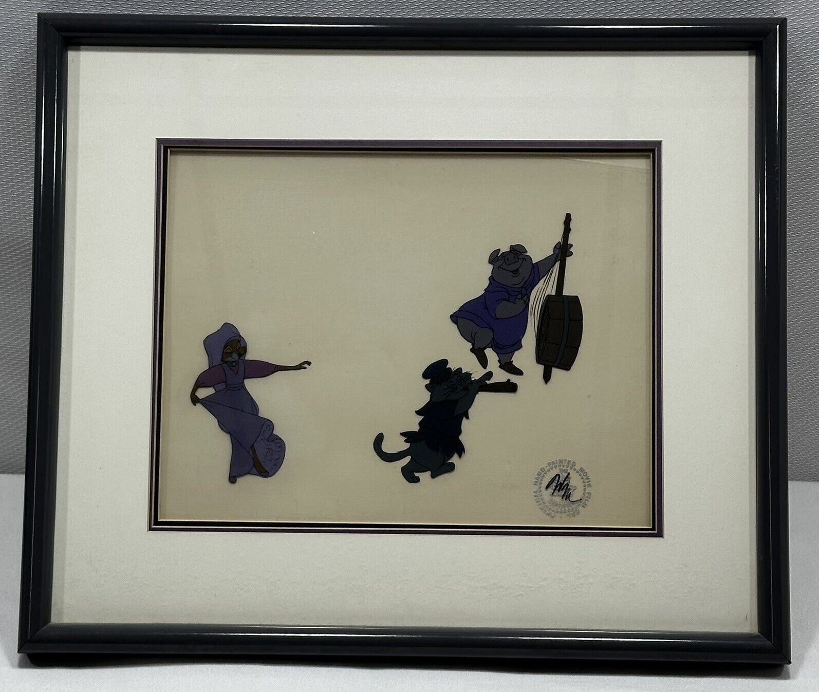 1973 ROBIN HOOD Disney Framed Production Animation Cel MAID MARIAN, CAT, and PIG