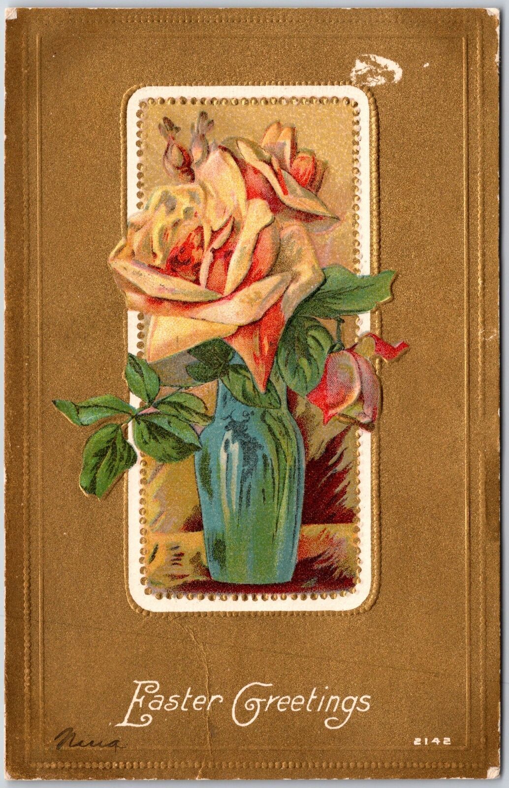 1909 Easter Greetings Roses Flowers In Vase Posted Postcard