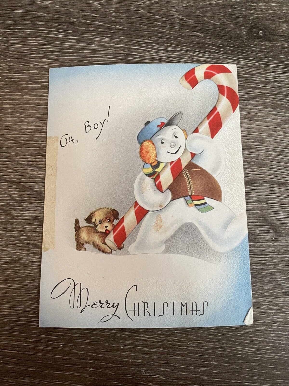 Vintage Christmas Card Snowman Carrying Candy cane, Used