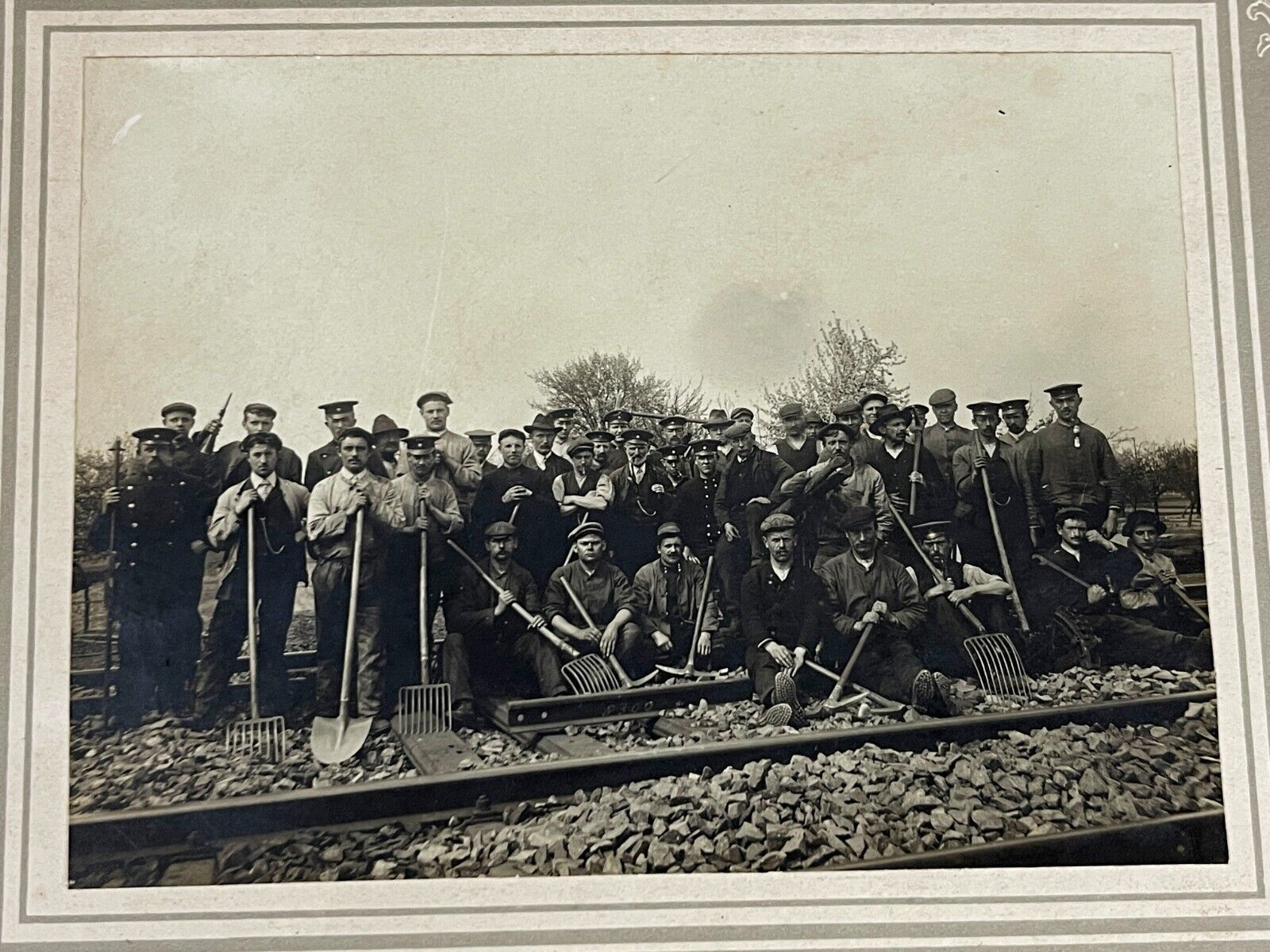 Railroad Construction Employees w/ Bossman Laying Track Antique Mounted Photo