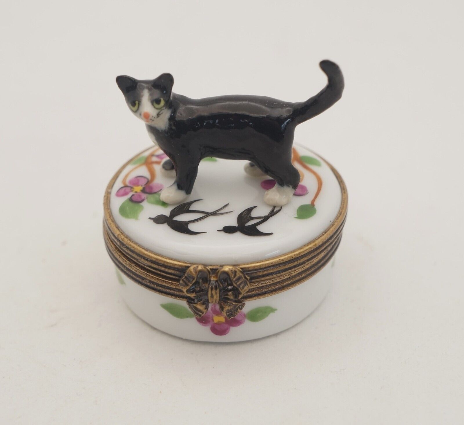 New French Limoges Trinket Box Black Tuxedo Kitty Cat on Floral Box with Birds
