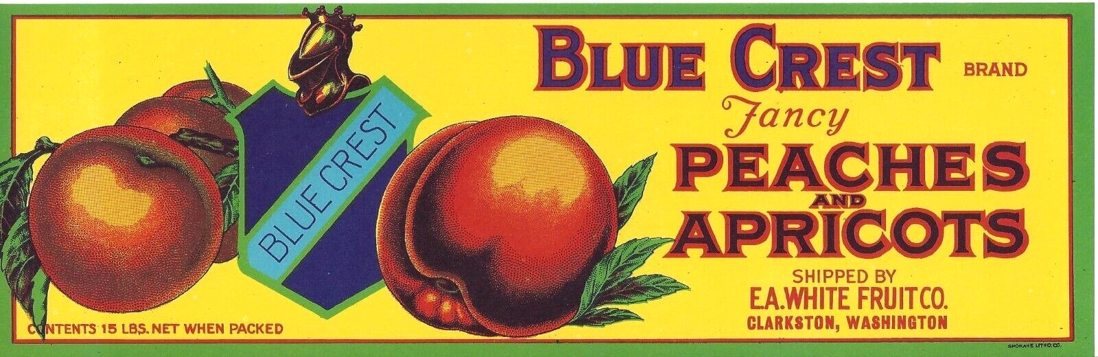 Original 1930s BLUE CREST peach & apricot crate label Clarkston shield helmet