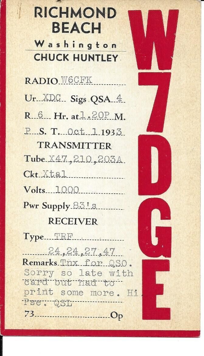 QSL  1933 Richmond Beach WA      radio card