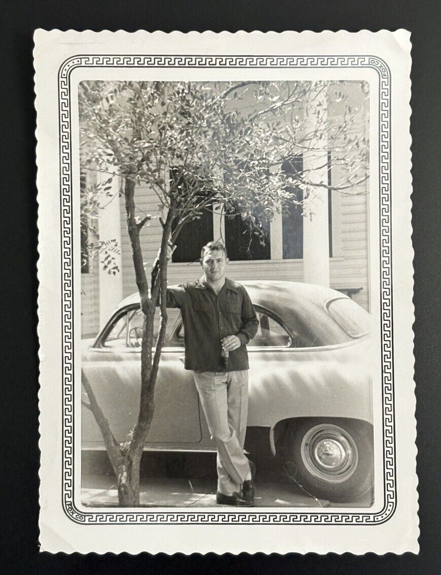 Handsome Man Standing Beside Classic Chevrolet Car - B&W Photo 1952 - Fashion