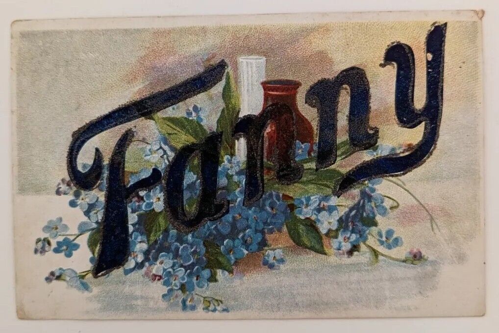 Greetings To Fanny Glittered Postcard~Antique~Forget Me Nots~Navy Glitter