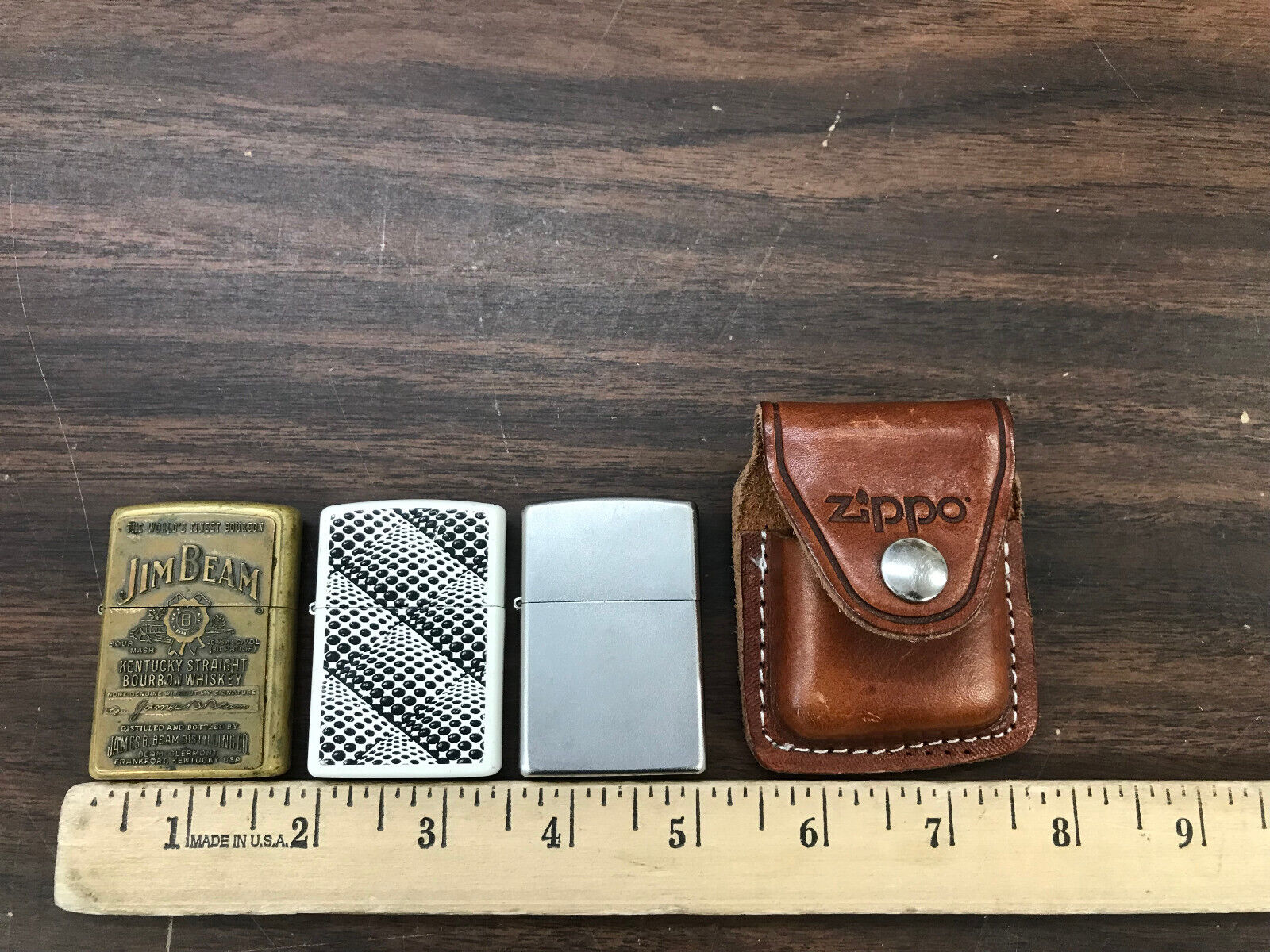lot of 3 modern zippo lighters and leather zippo pouch as is