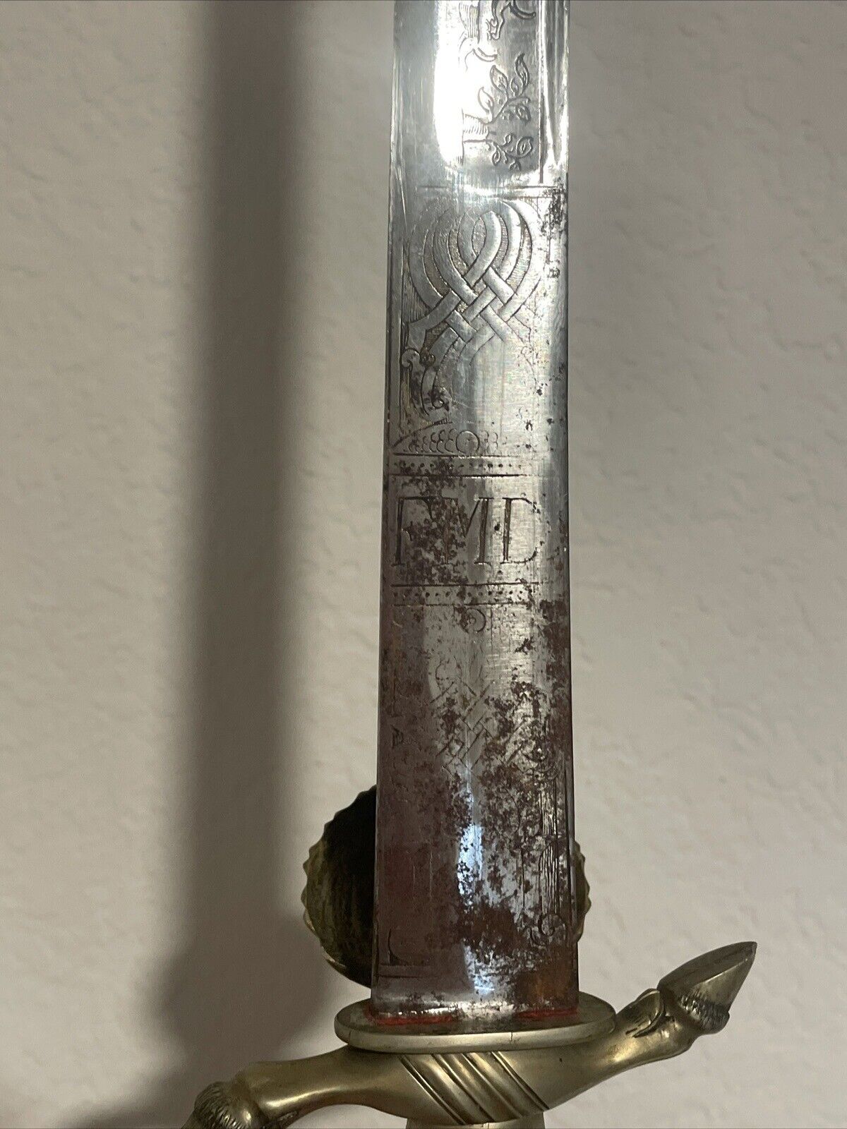 German WW1 Engraved Hirschfanger Sword - Elk Horn Handle, Hidden Skinning Knife
