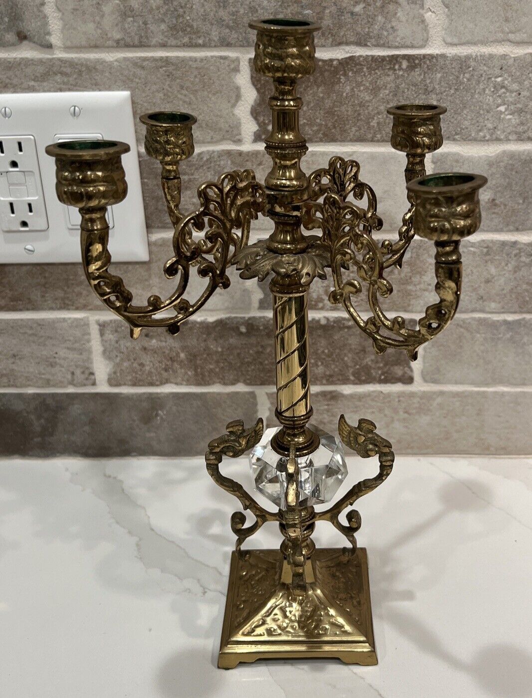 Vintage Brass 4 Arm Candleabra with Ornate Design Detail 13 3/4” H