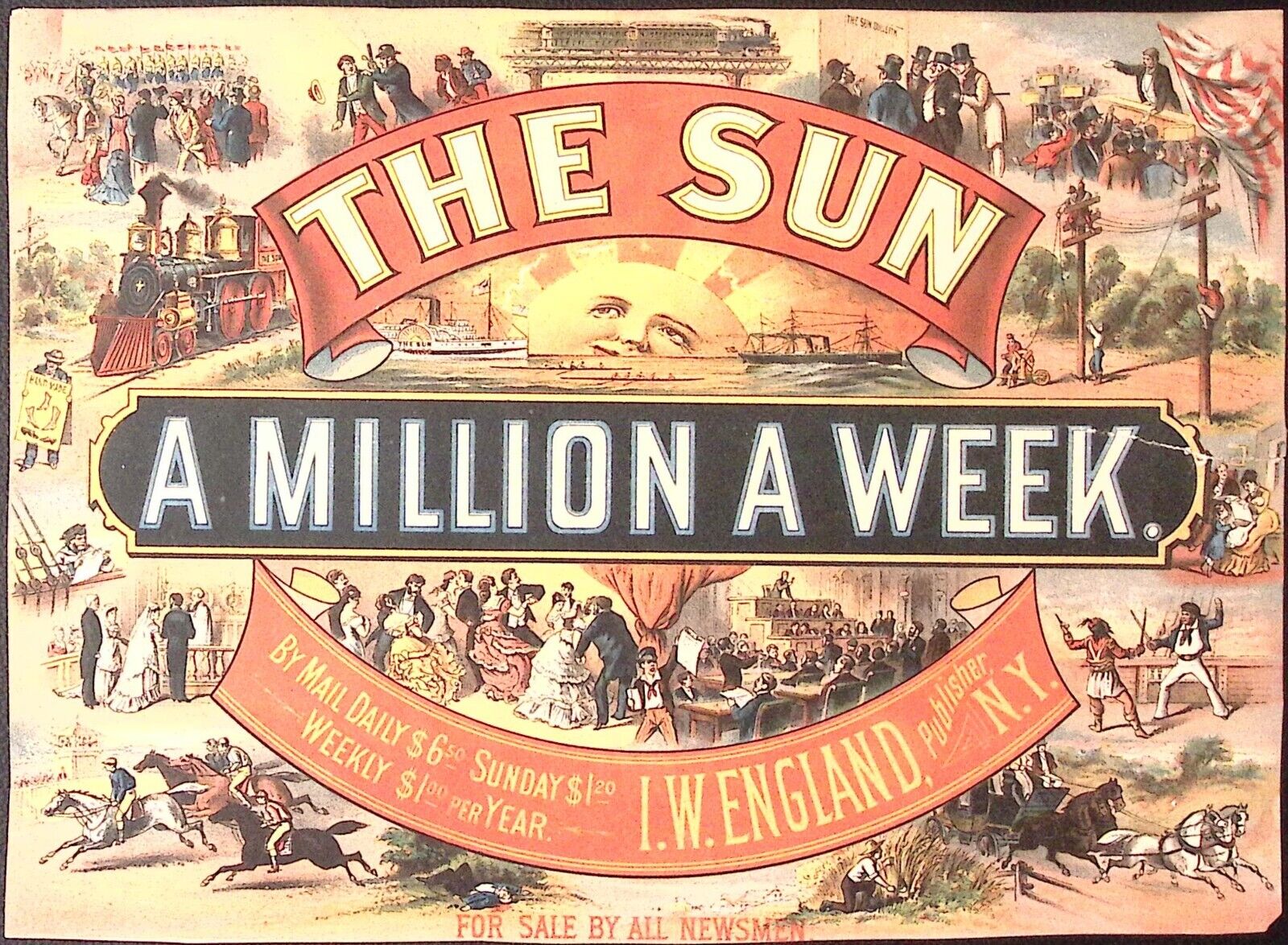 c1880 THE SUN A Million A Week I.W. England Publisher Sign Newspaper Advertising