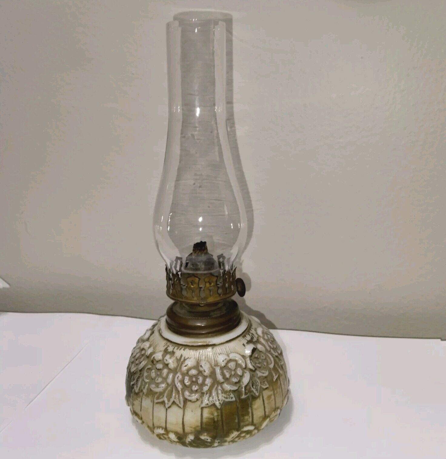 Antique Early American Pressed Milk Glass Embossed Floral Painted Oil Lamp & Top