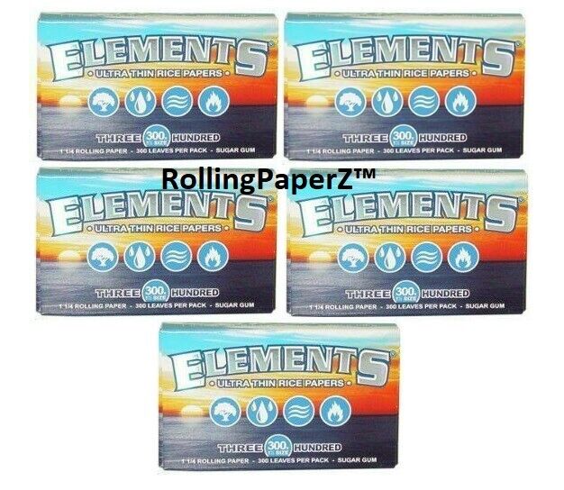 BUY FIVE Packs 1 1/4 Elements Ultra Thin Rice Rolling Papers 300 Leaves Per Pack