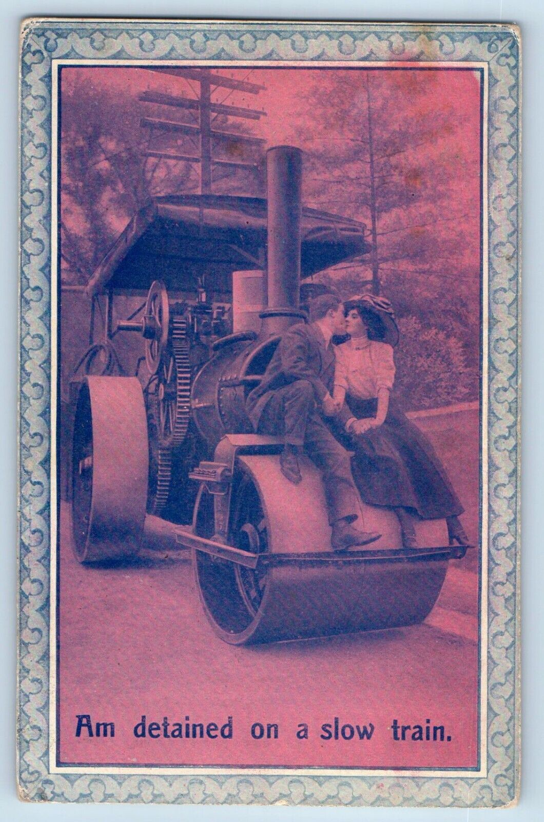 Fort Sheridan IL Postcard Couple Romance Kissing Steam Roller Bamforth 1912