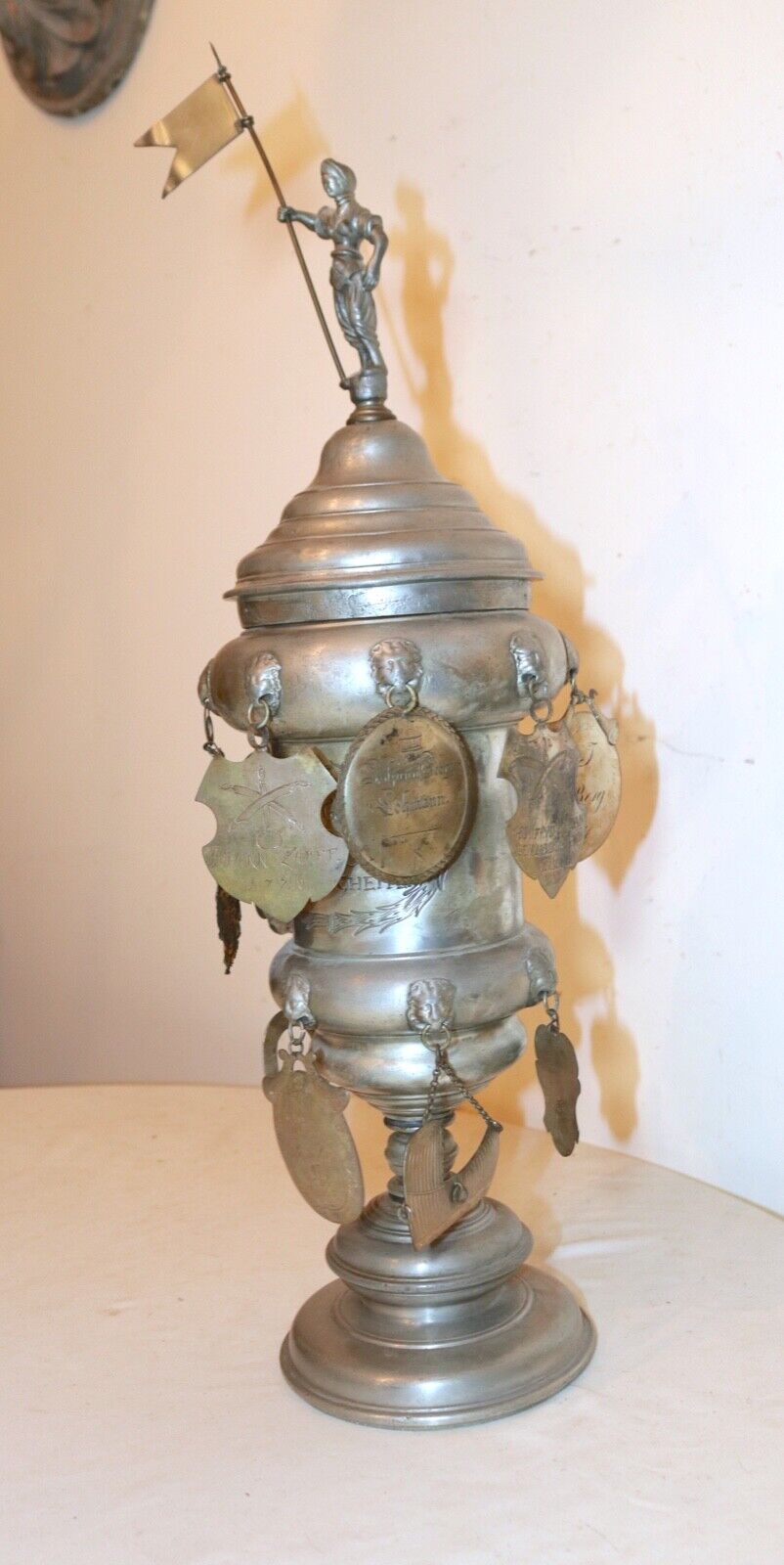 RARE LARGE antique 17th century German handmade forged pewter lidded family urn