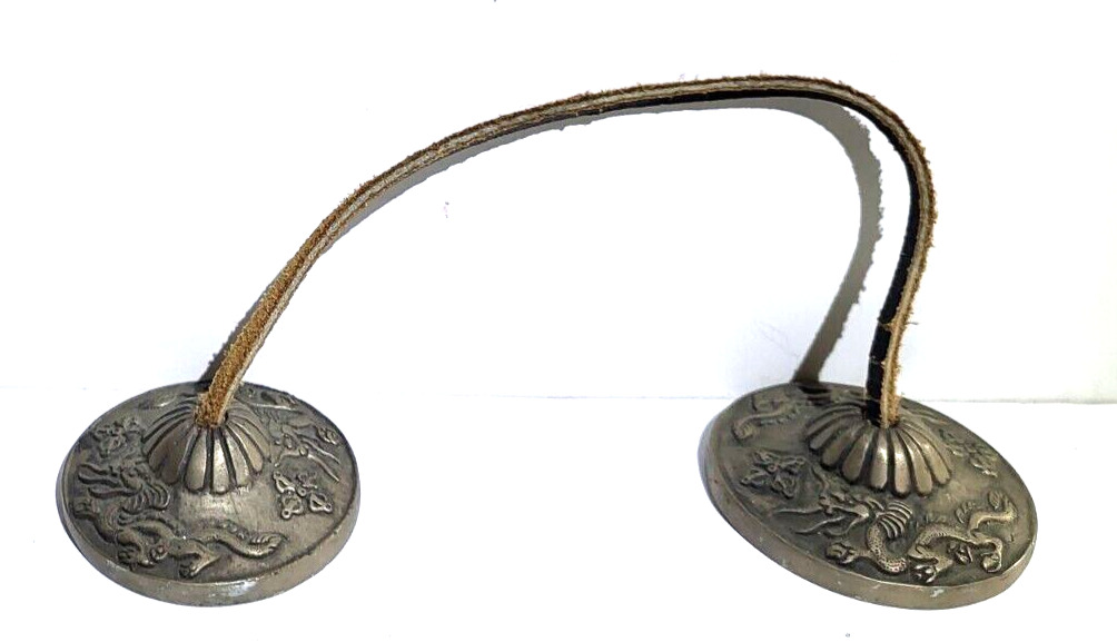 Tingsha Bells Vintage Bronze Brass Dragon Design Leather Strap