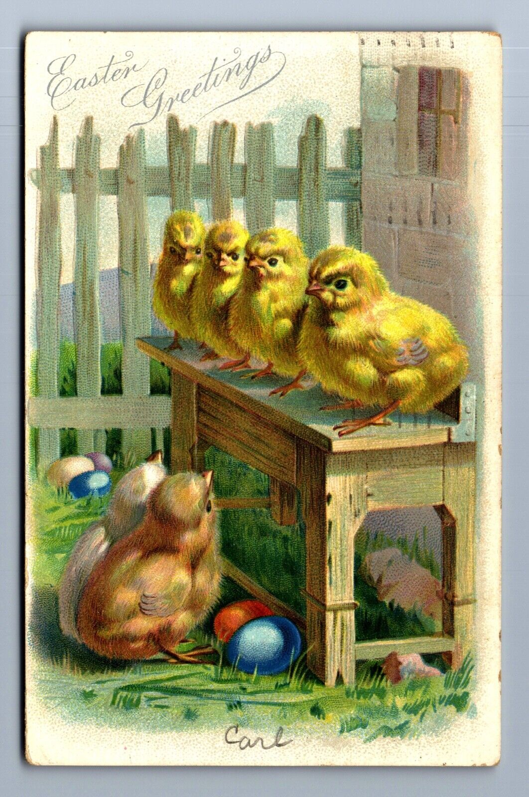 1909 SIX CHICKS, WAITING IN LINE, EASTER EGGS TUCK\'S EMBOSSED Postcard P18