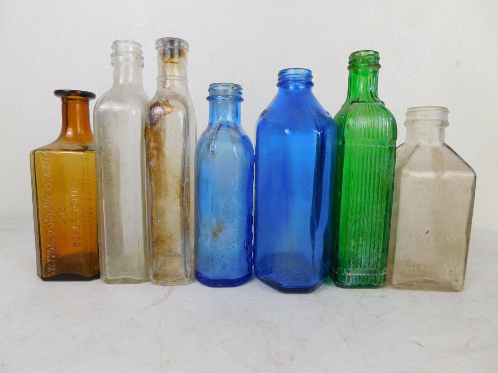 7 Mixed Lot Antique Glass Bottles Blue Clear Green Medicine Drug Apothecary 8.5\