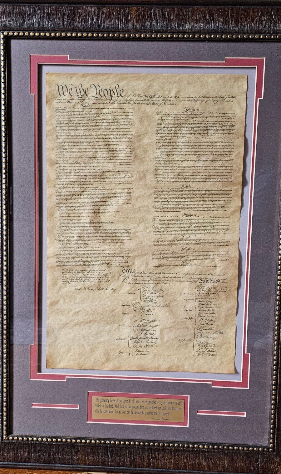 LARGE CONSTITUTION OF THE UNITED STATES OF AMERICA PRINTED FRAMED