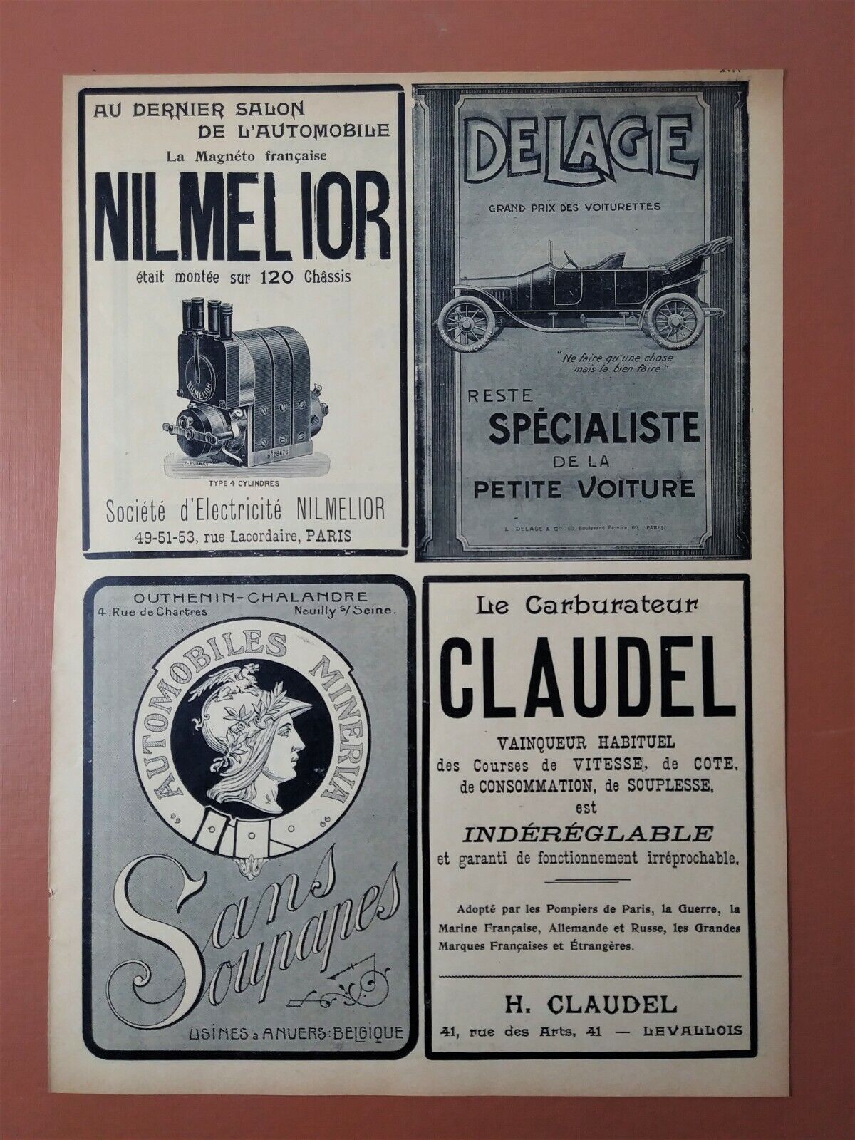 Antique 1900\'s French Automotive Car Dealers 1911 Cars Part Print Ad 2 Sheet Lot