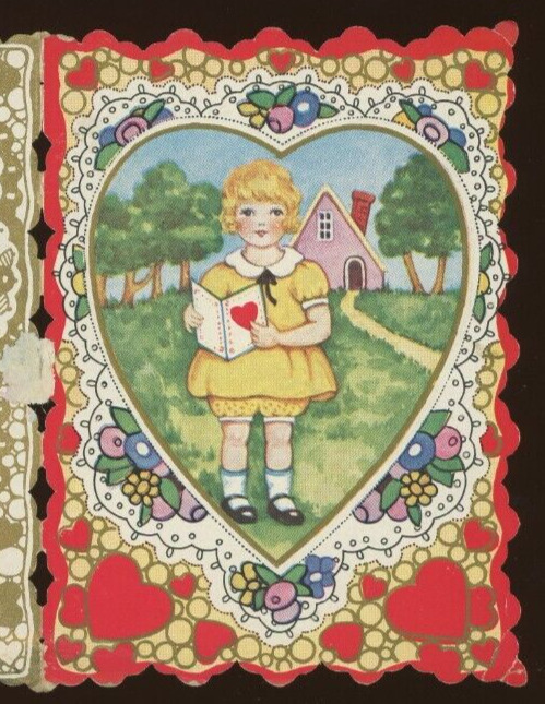 1930s VALENTINES DAY DIE CUT GIRL AND BOY HEARTS BOAT BI-FOLD 45-3