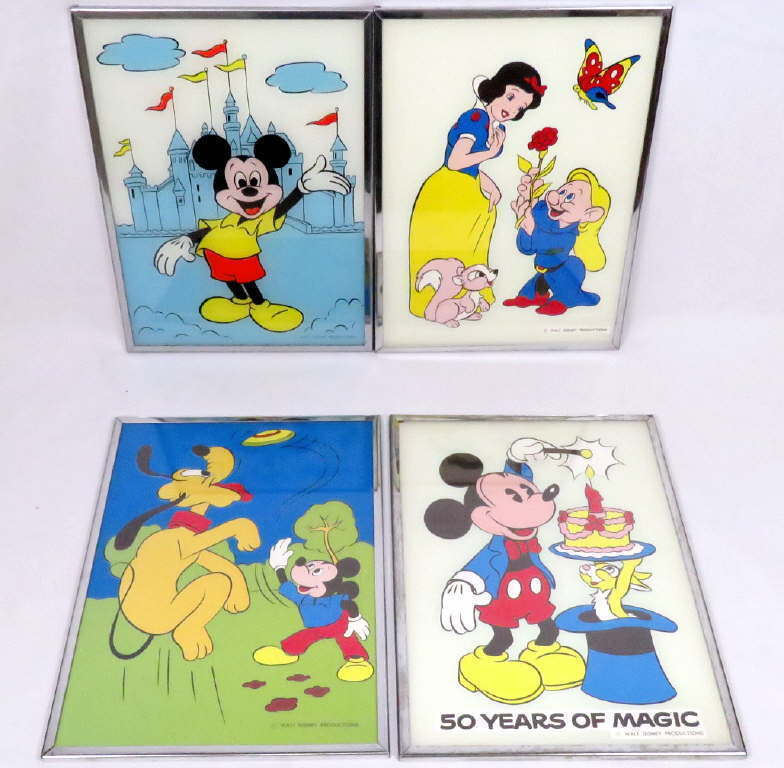 Lot 4 Vintage Brytone Disney Lithograph Pictures Mickey Mouse Pluto Snow White
