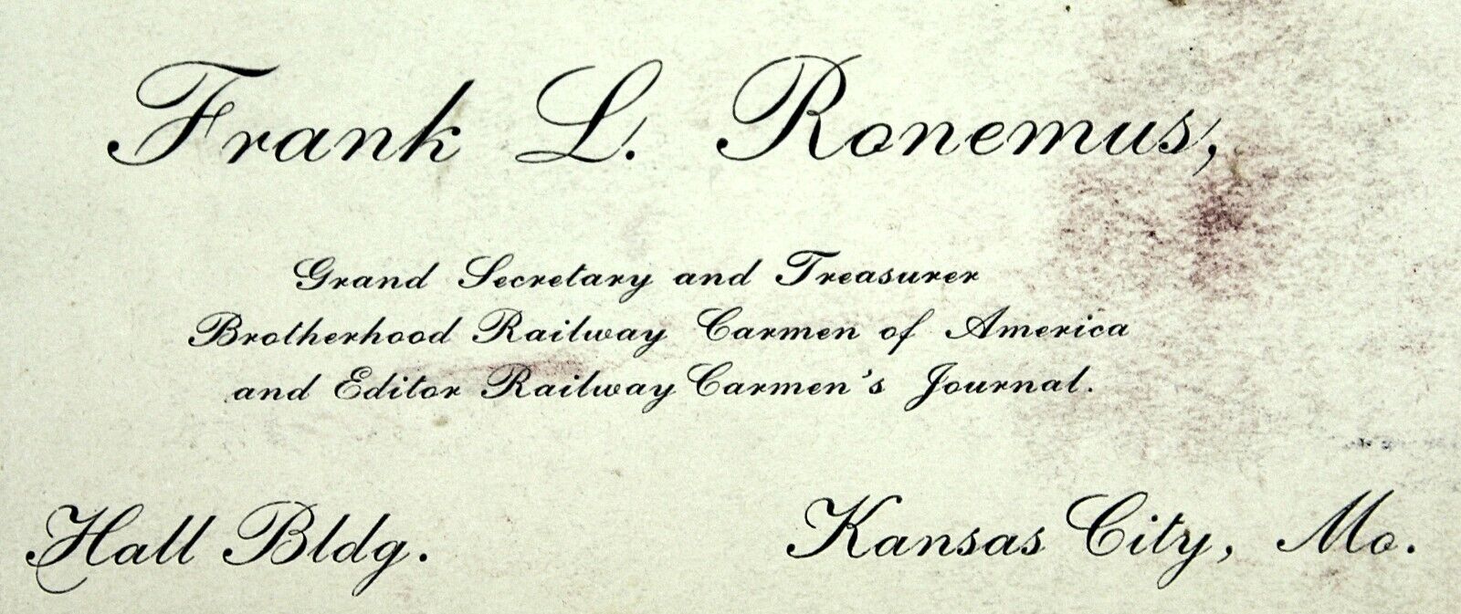 1870s-1890s Frank Ronemus Brotherhood Railway Carmen Victorian Business Card