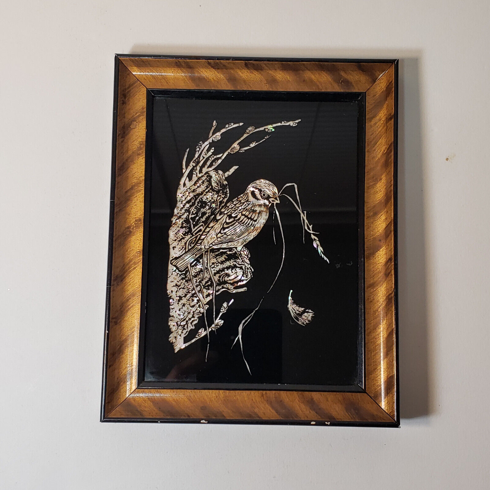 Vintage Korean Black with Opalescent Foil Framed Bird Wall or Tabletop Art  