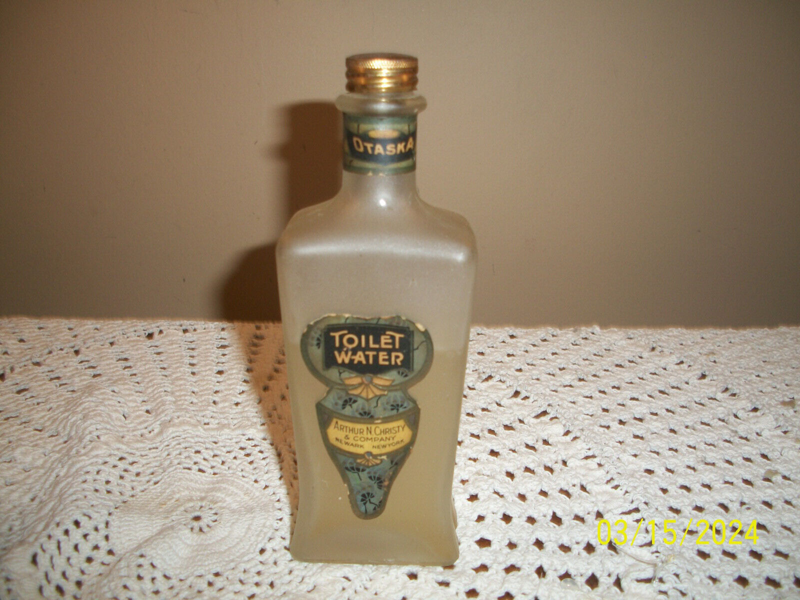 1930\'s Frosted Perfume Toilet WOkaska Water Arthur N. Cristy  Co 1/2