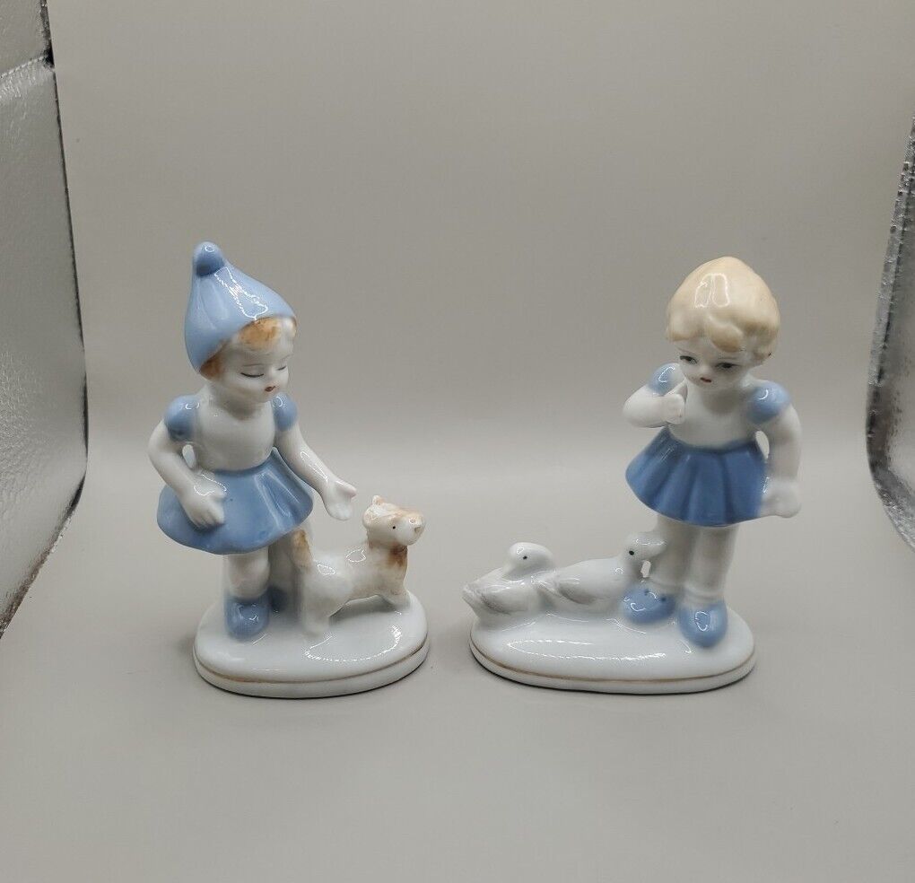 2 Vintage Porcelain Figurines, Girl With Birds, Girl With Dog, Japan EUC