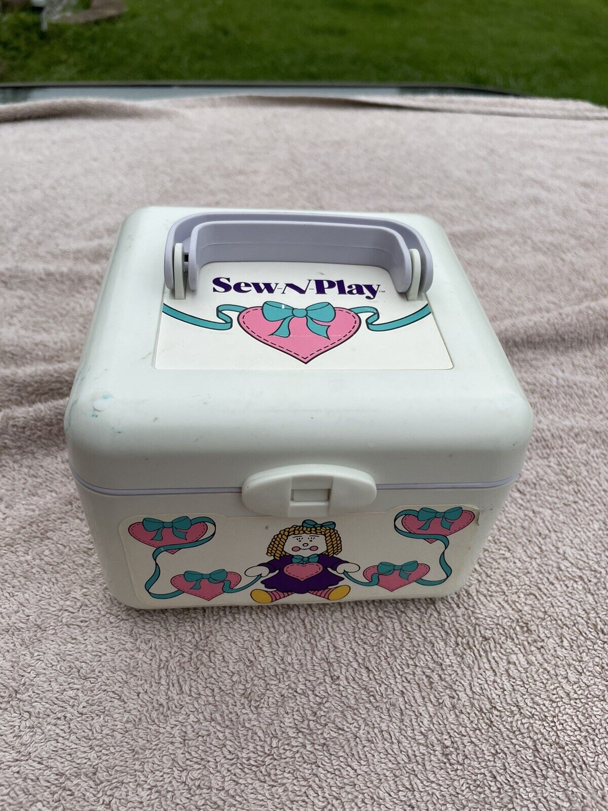 Vtg Sew-n-Play Sewing Box White Purple Heart Design Tape Thread Toy Scissors