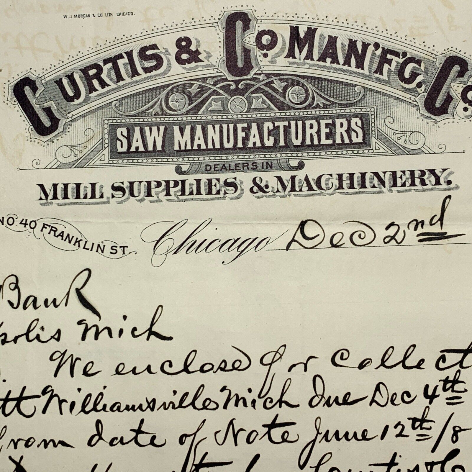 1885 Graphic Chicago Letterhead Curtis Saw Manufacturer Mill Supply Machinery