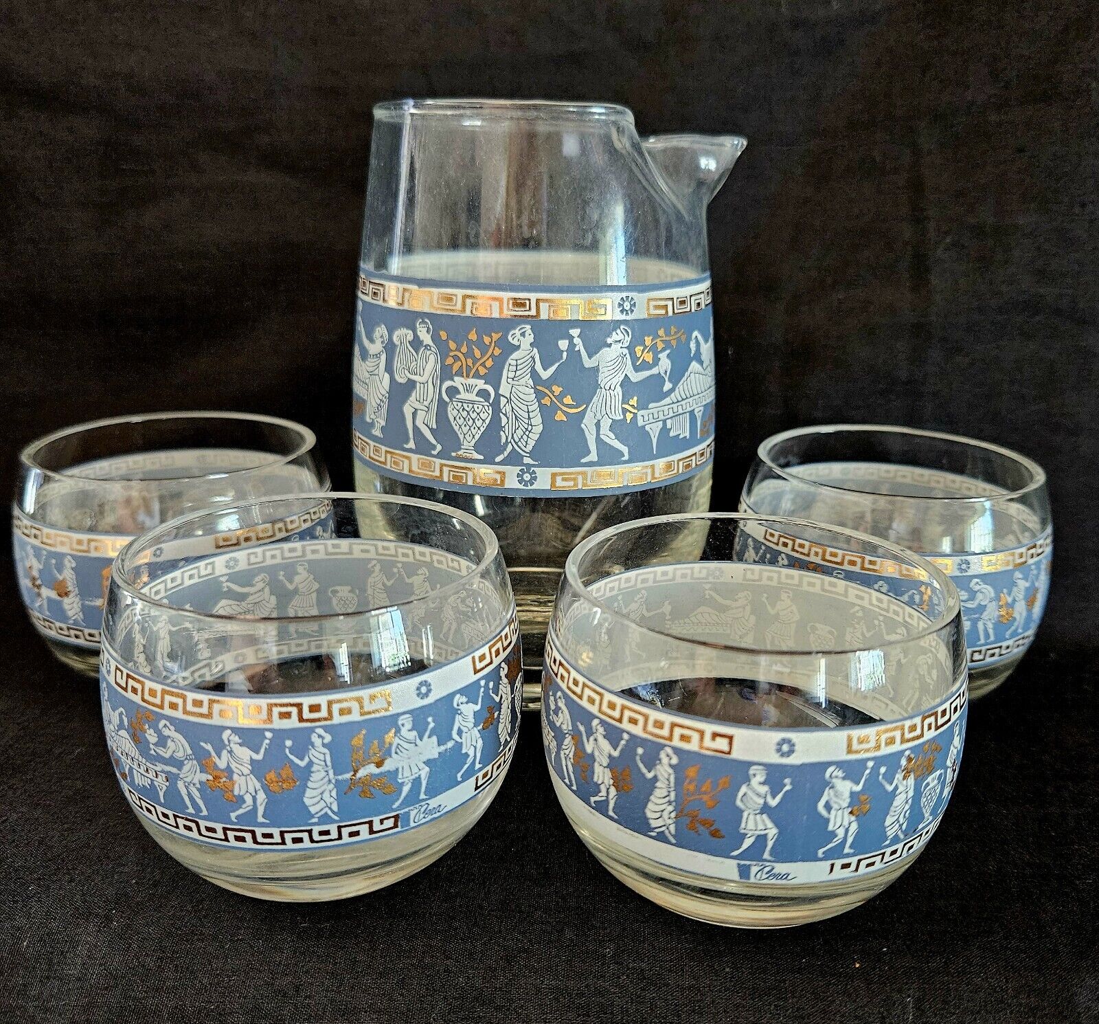 Vintage Set 4 Cups Glasses & Small Pitcher Etruscan Frieze By Cera Blue Greek 