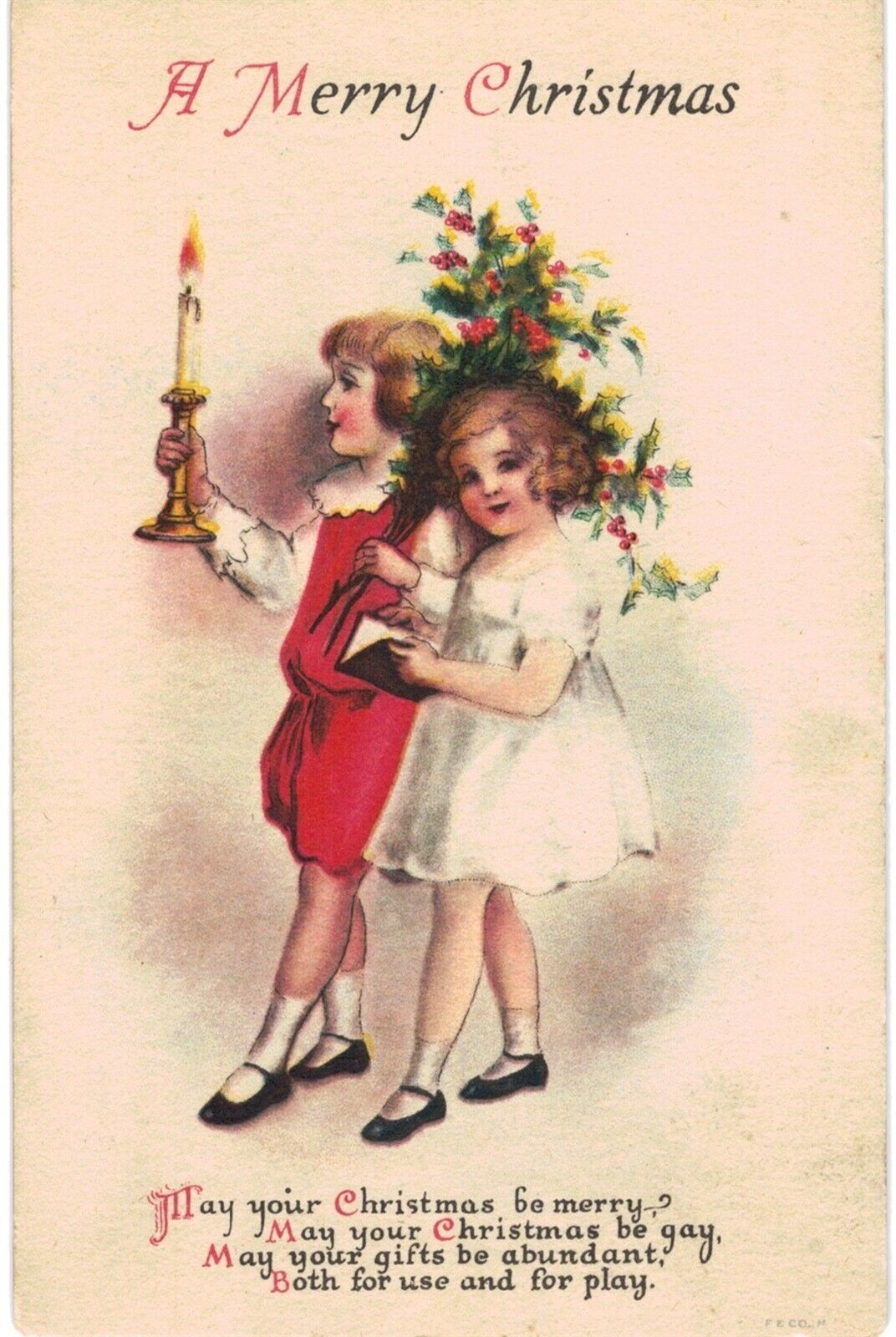 Clapsaddle Unsigned Wolf Christmas Boy & Girl Mistletoe Candle UNUSED 1910 