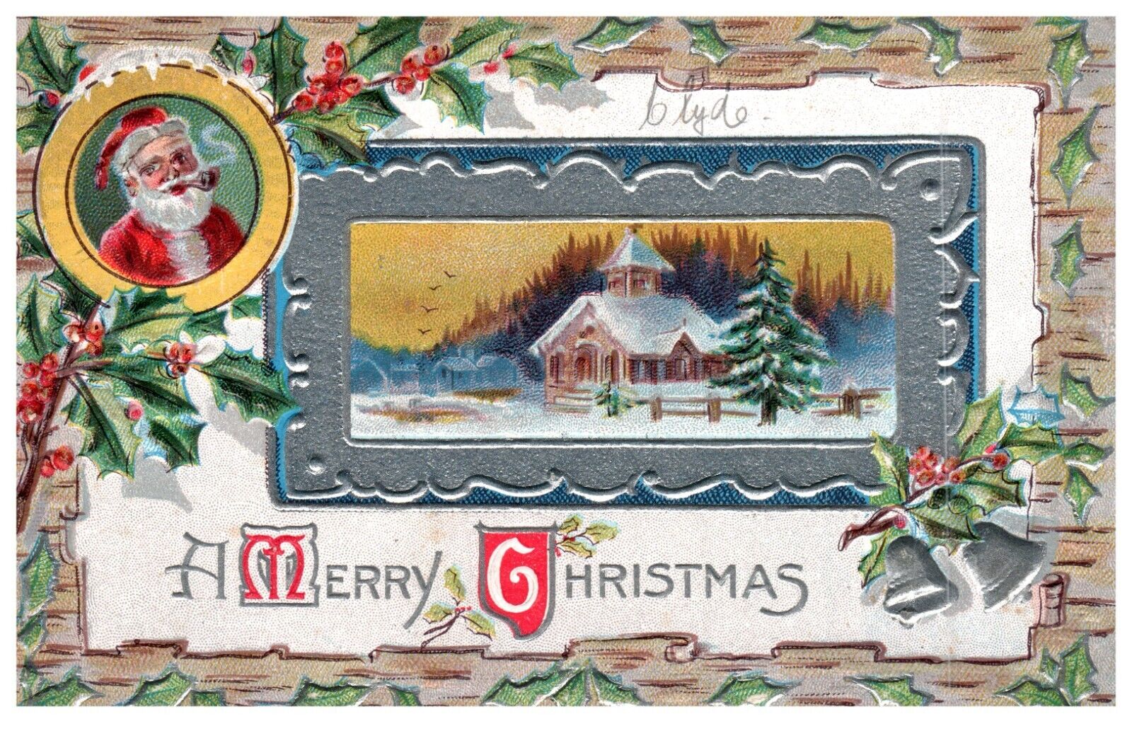Christmas Santa Landscape Silver Bells Embossed c1910 Vintage Postcard-K2-22