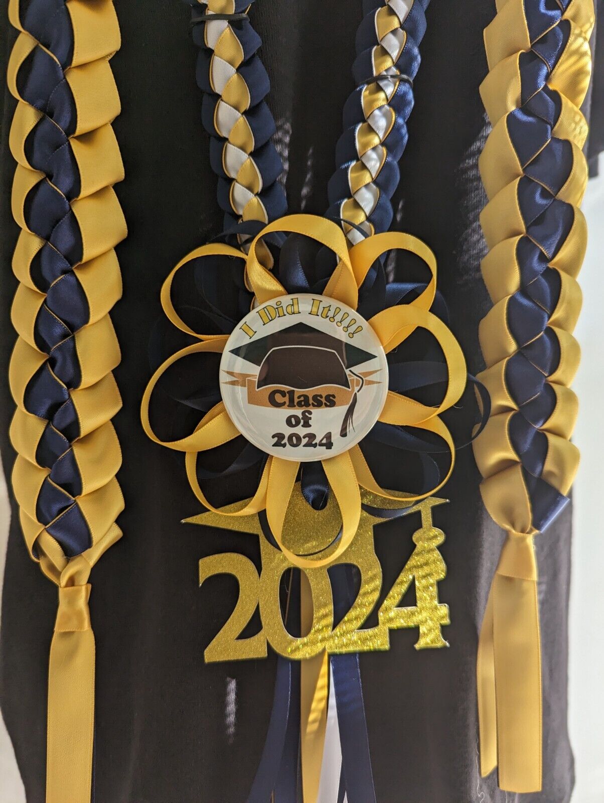 2024 Graduation Ribbon lei navy blue & light gold Set Of Open Lei & Rosette Lei