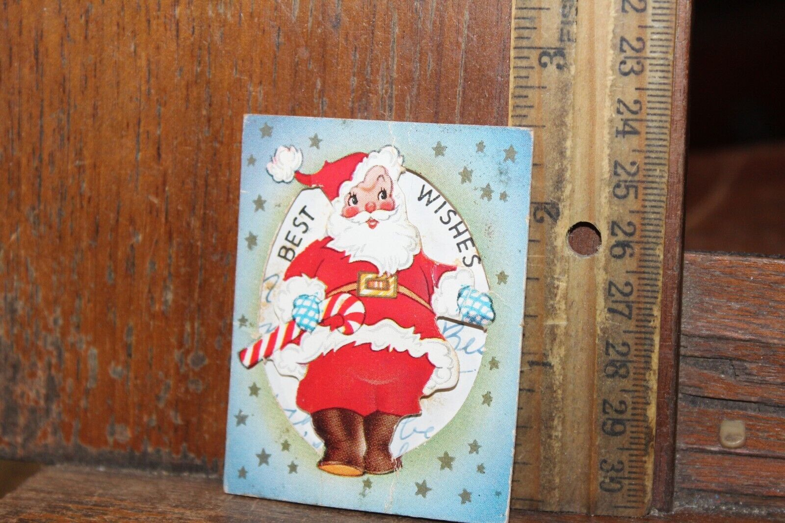 Vintage Christmas Small Die Cut Best Wishes Santa Claus