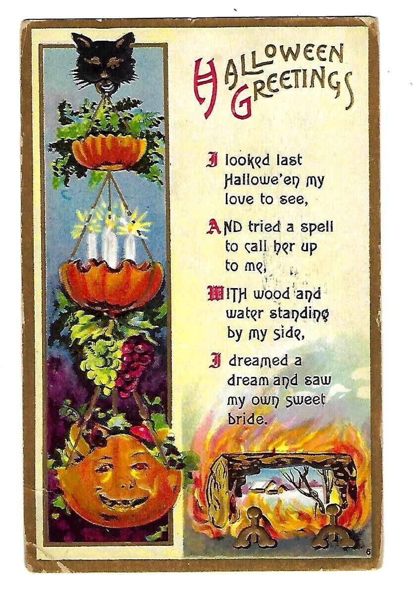 c1914 Halloween Postcard Fireplace, Hangging Pumkin Planter, Halloween Poem