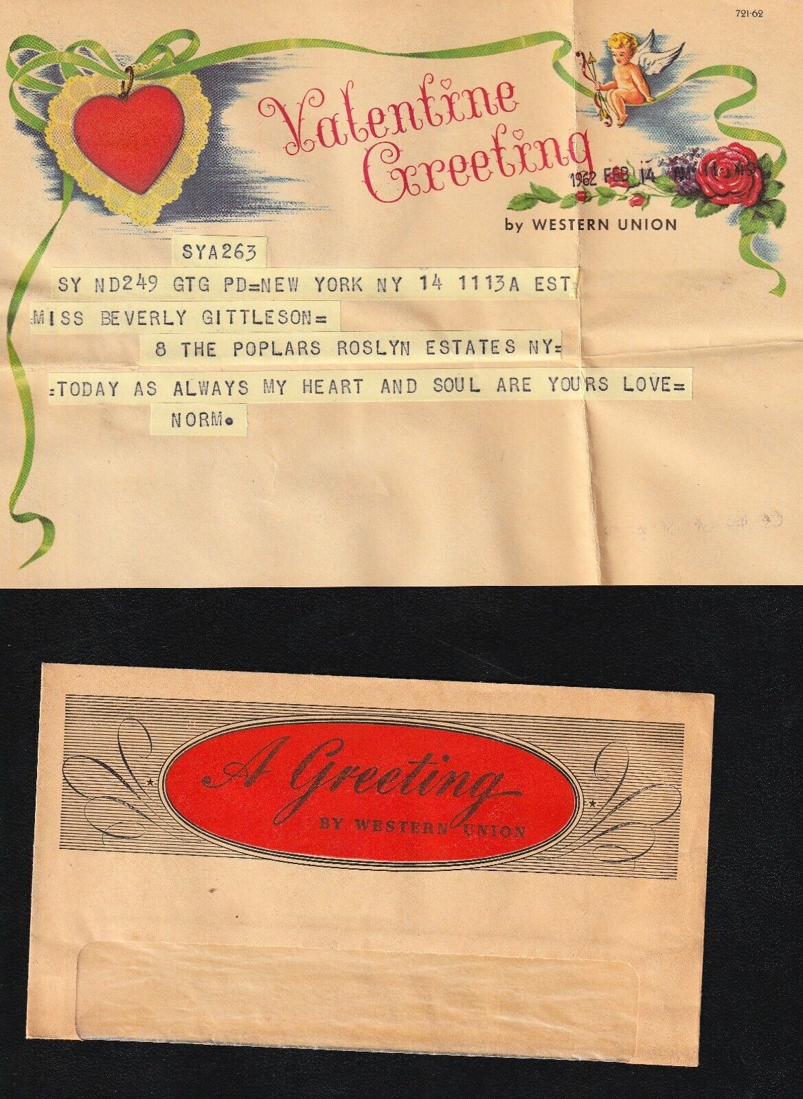 Vintage, 60+ year old Western Union Telegram-Valentine\'s Day