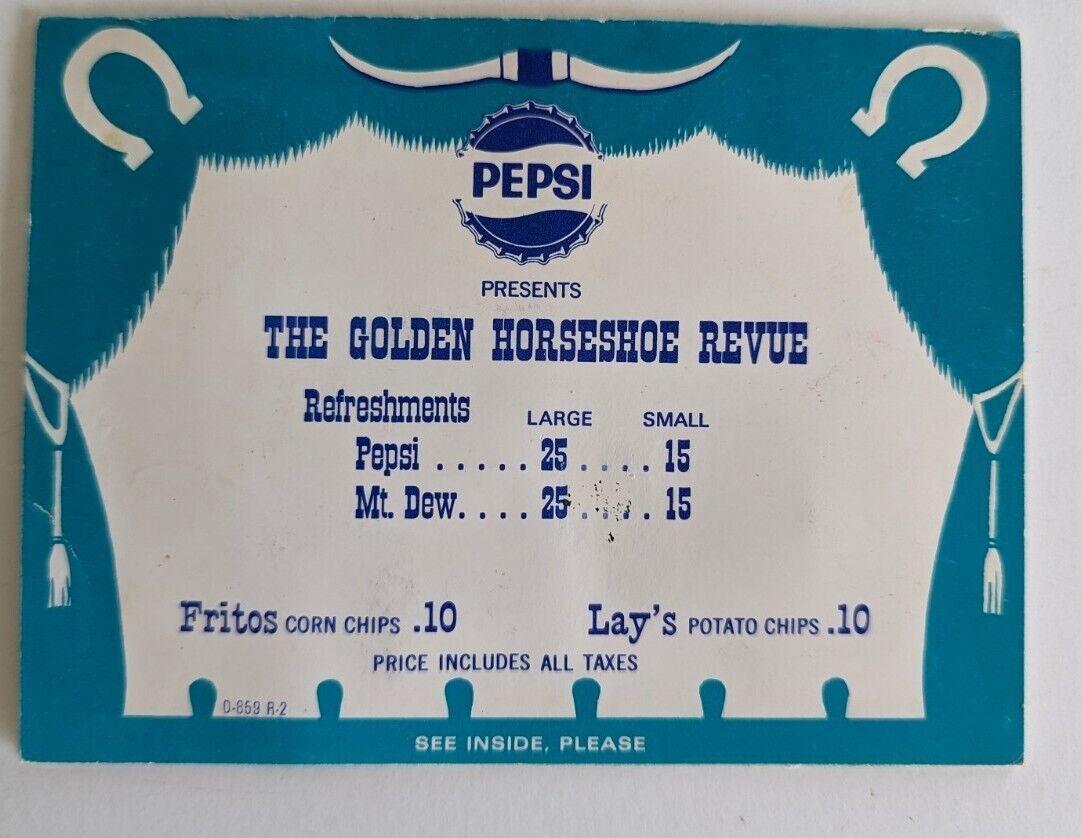 1962 Disneyland Golden Horseshoe Review Table Tent Pepsi Mountain Dew 72VO