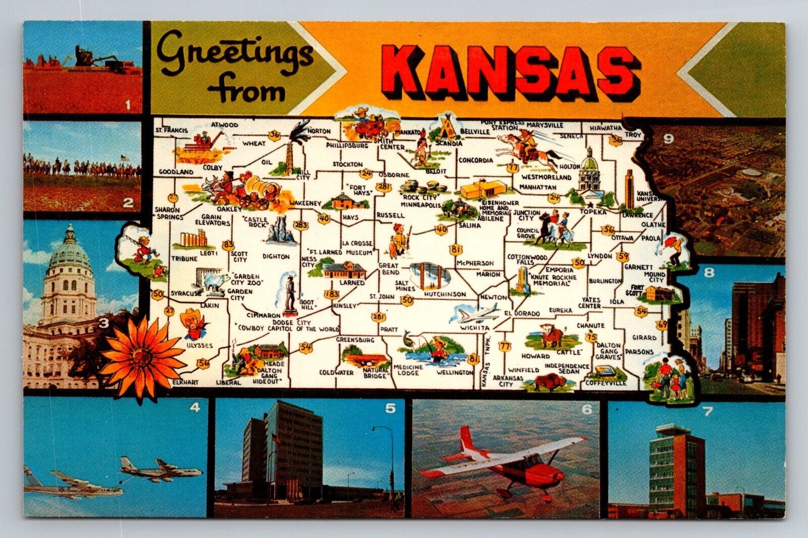 Greetings From Kansas Multi View Map Of Attractions Vintage Unposted Postcard